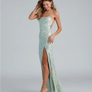 Windsor Mint Sequin Spaghetti Strap Prom Gown with High Slit